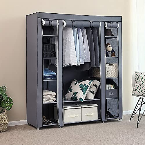Bonnlo Armario de Tela para Ropa, Armario Portátil con Barras para Colgar, Armario Plegable, para Dormitorio, Estudio, 12 Estantes, 150 x 45 x 175 cm (Gris, 150cm-12)