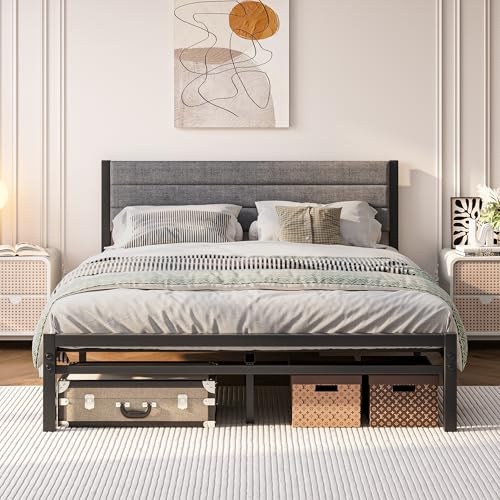 Cadre de lit 140 x 190 avec Sommier Métal,Lit 2 Personnes en Metal,Lit Double 140x190 cm avec Tête de Lit Rembourré, Moderne,Sans Matelas,Montage Facile,Structure Stable,Noir