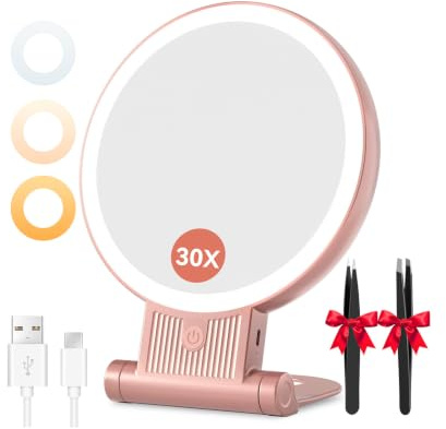 Auxmir Espejo Maquillaje con Luz, 30X/1X Aumento de Doble Cara, Espejo 72 Leds 3 Colores de Luz, 2000mAh con USB Pinza, Colgar Pared Brillo Regulable para Bolso Viajes, Oro Rosa