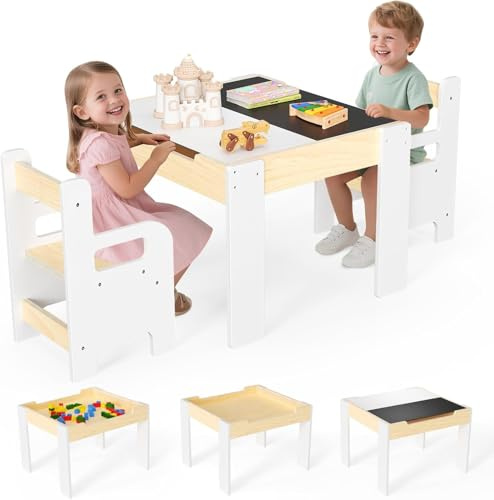 Ensemble de Table Multifonction 4 en 1 pour Enfants – Plateau Amovible avec Tableau Noir et Tableau Blanc, Comprenant 2 chaises en Bois Massif, idéal pour Peindre, Apprendre et Jouer (2 chaises)