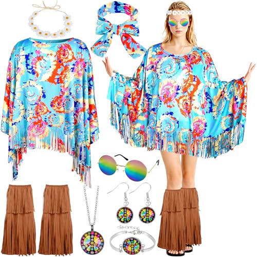 ChromLives Faschingdräkter dam hippie kostym dam set karneval 60-talet 70-talet hippie outfit 9 stycken flower power kläder outfit tillbehör för karneval disco party cosplay temafest halloween
