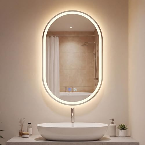 LIFEZEAL LED-spegel för Badrum Oval, Väggmonterad Spegel med 3 Dimmbara Ljusfärger, Minnesfunktion och Anti-dimning, Kosmetikspegel för Badrum, Omklädningsrum, Korridor (80 x 50 cm, Oval3)