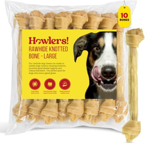 Howlers Natural Knotted Rawhide Dog Bones, 31 cm, Pack of 10 | Long-lasting chew, Helps reduce boredom, Encourages chewing habits, Keeps pets occupied, Ideal for daily enrichment
