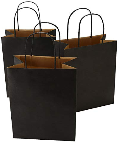 Ronvir 50Pcs Gift Bags 21x12x27cm,Medium Recycled Black Paper Bags With Handles for Party, Shopping, Birthday, Retail, Wedding, Halloween, Christmas