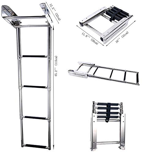 Stainless Steel Telescopic 4 Step Pontoon Boat Ladder, Extendable Dive Ladder for Pontoon, Max. Load 600 Pound Capacity Marine Telescoping Slide Ladder for Boat Yacht