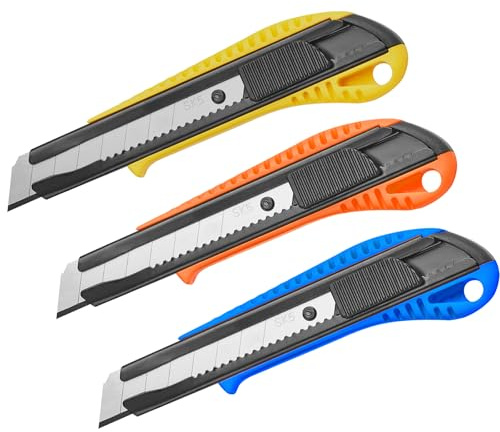 DOWELL Box Cutter Utility Knife Retractable Snap Off Blades Hobby Knife 3 Pack for Cutting Cardboard Boxes Leather (3 Colors)