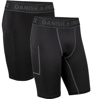 DANISH ENDURANCE Pantaloncini a Compressione, Shorts, Traspiranti e Quick Dry, con Tasca, da Uomo, 2 Paia, Multicolore (1x Nero, 1x Nero/Grigio), L