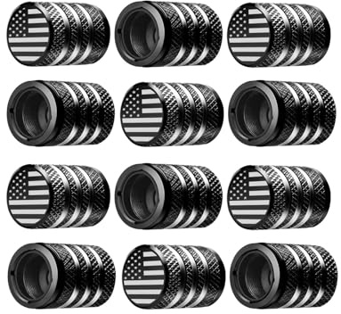Tire Valve Stem Cap Cover - (12 Pack) Tire Air Cap Metal with Plastic Liner Corrosion Resistant Leak-Proof American Flag for Car Truck Motorcycle Bike Black
