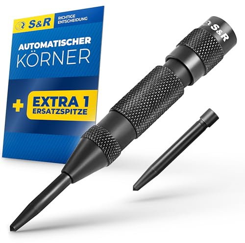 S&R Automatic Punching Punch 50-100N 130mm Spring Centre with 1 Replacement Tip Cr-V Automatic Centre Punch Knurled Robust Durable Full Metal Design for Metal, Wood, Stone, Plastic and More