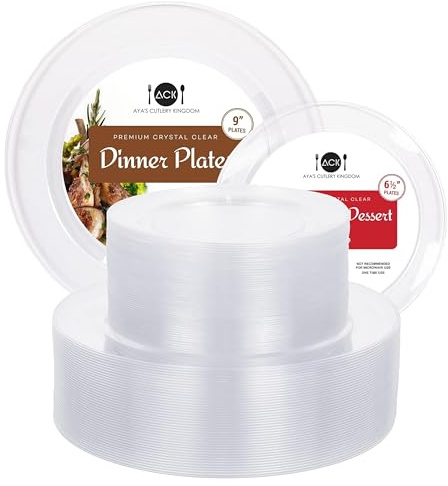 Aya's Cutlery Kingdom 100 Clear Plastic Plates for Party - Heavy Duty Disposable Set of 50 Dinner and 50 Dessert Plates - Elegant Plastic Disposable Plate for Weddings, Parties, and Special Events