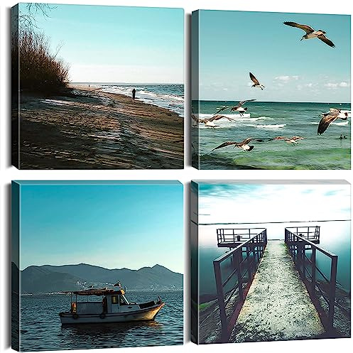 Sungeek 4 Teilig Leinwandbilder mit Holzrahme, Leinwanddruck Bilder 30 x 30 cm, Moderne Wandbilder Kunstdruck Wand Dekoration für Wohnzimmer Schlafzimmer Esszimmer Home Büro (Meer)