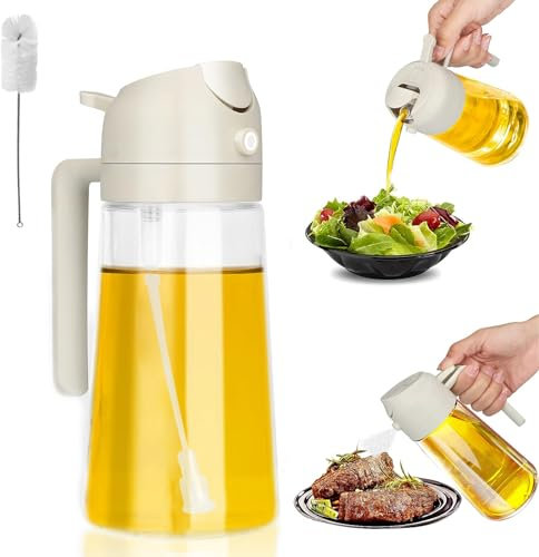 Distributeur d'huile de 470ml, Distributeur Huile d'Olive en Verre 2 en 1, Pulvérisateur d'huile avec Brosse, Vaporisateur d'huile et de Vinaigre, Bouteille Huile pour Cuisson Salade Pain (Blanc)
