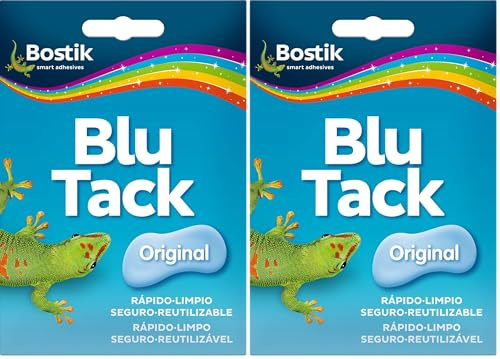 Bostik, Blu·Tack Original, Masilla adhesiva moldeable y reutilizable recomendada para la fijación de todo tipo de objetos, Azul (Paquete de 2)