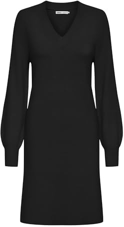 ONLY Abito Maglia Donna Lunghezza Midi Scollo a V Maniche a Palloncino Elegante, Colore:Nero-2, Taglia:XS