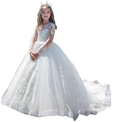 Vestidos de niña de flores blancas para boda, vestido de concurso, manga larga, vestido de comunión blanco, blanco, 12-13 Años