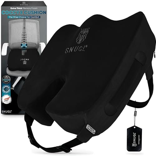 SNUGL Cojín Coxis – Almohada ortopédica de Espuma viscoelástica para Silla de Oficina, Coche, Embarazo, posparto, hemorroides y Soporte Lumbar ergonómico | (Nero - Grande)