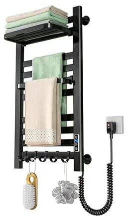 Könighaus Badheizkörper als Handtuchwärmer - 180W - Kleb- & schraubbare Montage - rostfreier Handtuchheizkörper aus Aluminium – Farbe: schwarz - inkl. 5 Haken, klappbarer Bügel & Digital Anzeige