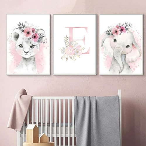 3 Poster Tiere Schlafzimmer Baby Mädchen Rosa Poster Präome, personalisierbar, Baby, Deko, Savanne, Babyzimmer, Safari, Kinderzimmer, 30 x 40 cm, Poster für Babyzimmer, Löwe, Elefant, Leinwand,