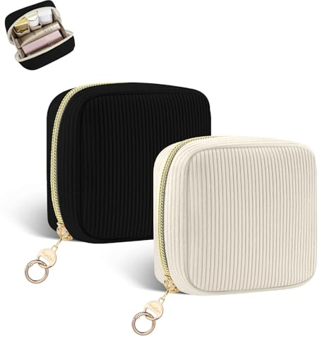 Mini Trousse Maquillage Femme en Velours Côtelé Pochette Maquillage Fille Voyage Sac de Rangement à Cosmétique Rouge à Levre Vernis à Ongles Idéal Cadeau Anniversaire Noël 10 * 5 * 10cm(Noir&Beige)