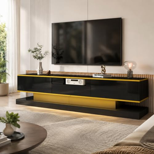 OLIVIBED Armario para televisión con compartimento abierto, armario para TV de hasta 75 pulgadas, mueble bajo con luces LED y 3 cajones, mueble de TV para salón, comedor, negro, 180 x 38 x 45 cm