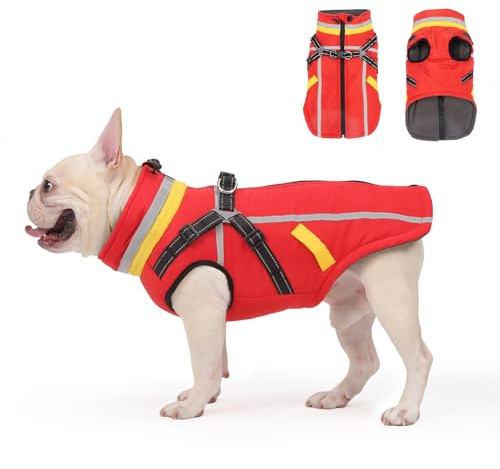 FEimaX Cappotto per Cani Invernale Giacca Impermeabile Antivento Cane Cappottino in Pile Calda con Pettorina Riflettente Regolabile Abbigliamento per Cani di Piccola e Media Taglia (L, Rosso)