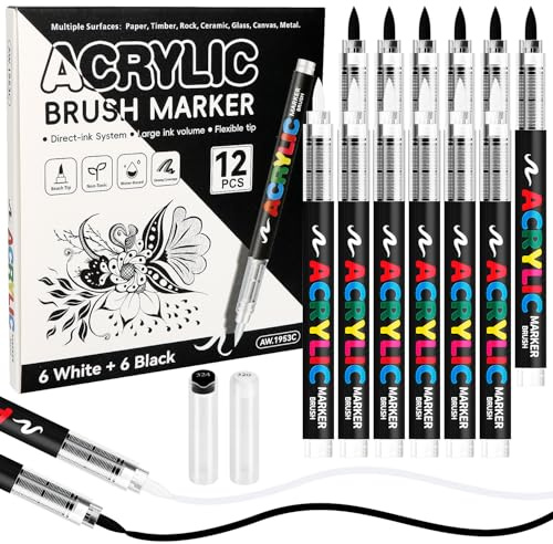 MOTIBACK 12-Pack Acrylic Paint Markers, Direct Ink Permanent Markers for Rock Glass Wood Fabric DIY Crafts, Fine to Broad Tips 1-5mm (Black-White)