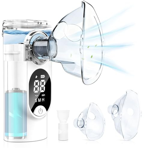 HABOWN 1200mAh Nebulizador Portatil Recargable de para Adultos y Niños, Nebulizador con Pantalla LED, Incluye 2 Mascarillas Faciales y 1 Boquilla, 3 Modos de Nebulización Ajustables(Blanco)