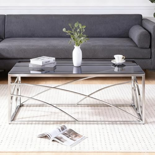 JaHECOME Glass Coffee Table Silver Center Side Table Tempered Glass Top Stainless Steel Frame Modern Rectangular Tea End Table