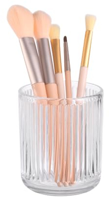 DASITON Makeup Brush Holder Organizer, Crystal Glass Makeup Brushes Storage Holder, Vintage Make Up Brush Cup for Vanity, Pen Pencil Holder for Desk, Toothbrush Holders for Bathroom (Clear S)