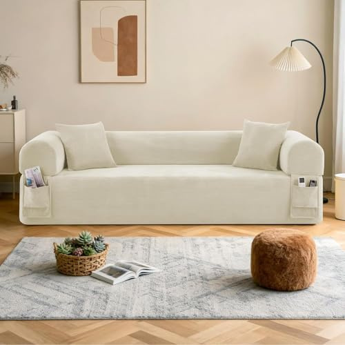 BMMB Moderno divano a tre posti (83 pollici), divano da soggiorno senza cornice, con 2 cuscini e 2 pouf, nessun montaggio richiesto, adatto per soggiorno o camera da letto (beige)