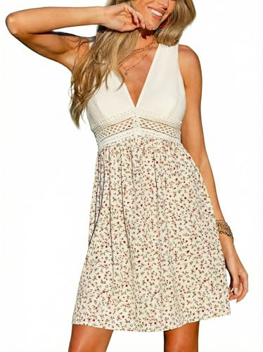 CUPSHE Minivestido floral de verano para mujer, cuello en V, cintura de encaje, lazo en la espalda, espalda descubierta, playa, vacaciones, vestidos cortos