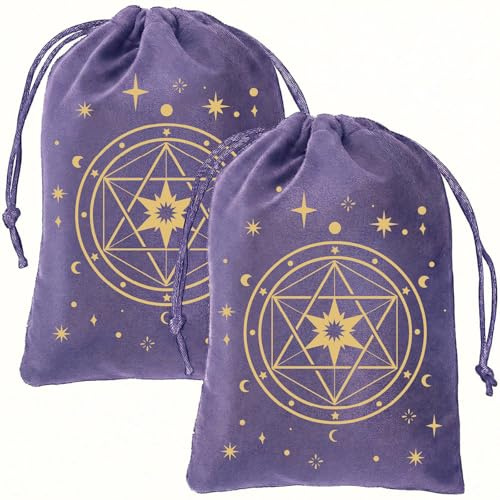 CREATCABIN 2Pcs Star Purple Velvet Storage Bag Tarot Cards Bags Drawstrings Bags Dice Deck Holder Tarot Pouches Jewelry Wrap Bag for Crystals Witchcraft Divination Supplies 5x7Inch