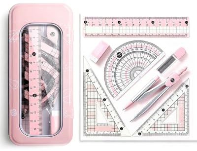 KACZUS Compás Escolar y Escuadra y Cartabon, 8 Piezas Rosa con Transportador de Ángulos, Estuche Resistente y Precisión Exacta para Dibujo Técnico y Matemáticas