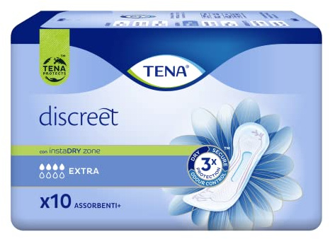 Tena Discreet, Extra, 10 pezzi, per Donna, Assorbenti per Perdite Femminili, Discreti e Confortevoli