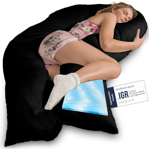 Traumreiter Seitenschläferkissen Visco XXL mit Bezug Baumwolle Schwarz, Hybrid Kissen +1cm Memory Foam Schwangerschaftskissen U Form Gel Body Pillow Lagerungskissen Ergonomie Zertifiziert