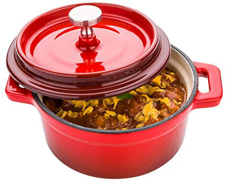 Restaurantware 8 Ounce Mini Casserole Dish 1 Mini Dutch Oven With Lid - Enameled Round Red Cast Iron Mini Cocotte Heavy-Duty For Baking Braising Or Roasting