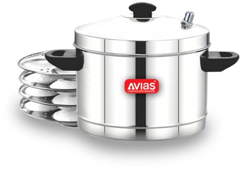 AVIAS Idli Cooker, Stainless Steel Idli Maker, Idly Pot with Bakelite Handles, Gas Stove Friendly, Idli Steamer, (Silver, 4 Plates)