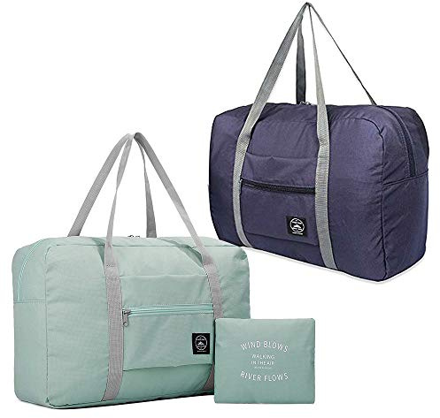 Fatiya (Paquete de 2) Bolsa de Viaje M Plegable, Bolsa de Equipaje de Transporte Impermeable, Bolsa de Equipaje de Viaje Liviana para Deportes, Gimnasio, Vacaciones (Light Blue,Dark Blue)