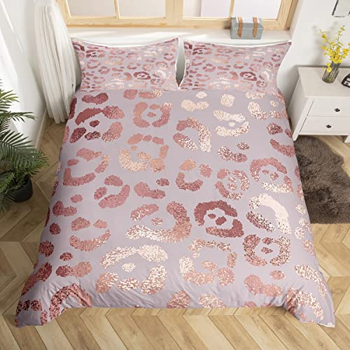 Homewish Cheetah Print Bedding Sets Single,Rose Gold Colored Leopard Print Comforter Cover,Luxury Pink Sequin Duvet Cover,Safari Animal Bedding,Ultra Soft Cozy Durable Quilt Cover