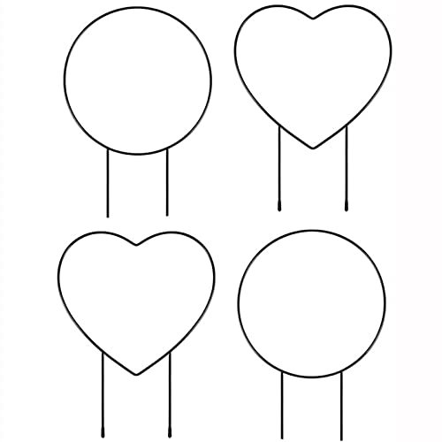 4X Black Iron Garden Trellis for Climbing Plants Rust Free Vine Plant Metal Support Frame, Climbing Plants Holder Rack for Garden Stem Stalks Vines, Round and Heart Shaped