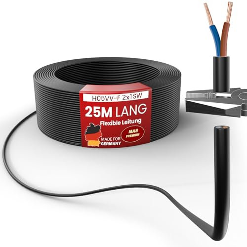 MAS Premium Von 5 bis 100m Kunststoffschlauchleitung H05VV-F 2, 3 oder 5 x0,75; x1; x1,5 oder x2,5 und 4G0,75 Flexible Leitung Kabel Leitung Gerätekabel (H05VV-F 2x1 SW, 25m)