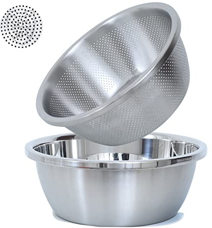 304 Stainless Steel Microporous Colander, 1.5QT Large Capacity with Mixing Bowl For washing vegetables, fruit and rice and for draining cooked pasta(2PC)