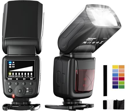 PHOTOOLEX Kamera Blitz Speedlite Kompatibel mit Canon Nikon Panasonic Olympus Pentax und andere DSLR Kameras Digitalkameras mit Standard Blitzschuh, Kamerablitz mit 12 Farbfiltern
