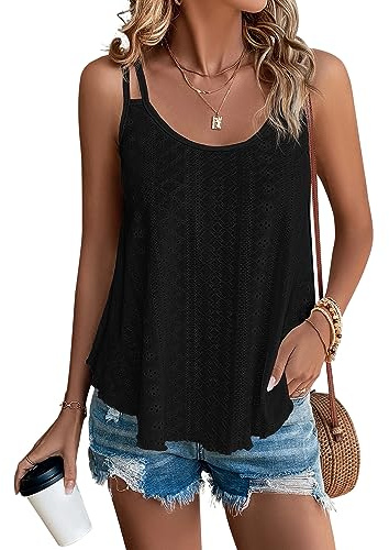 SEDEX Womens Tops, Summer Tops for Women UK Ladies Sleeveless Vests Round Scoop Neckline Swing Vest Tops Loose Fit Tanks Casual Tees Spaghetti Strap Camisole（Black,L）