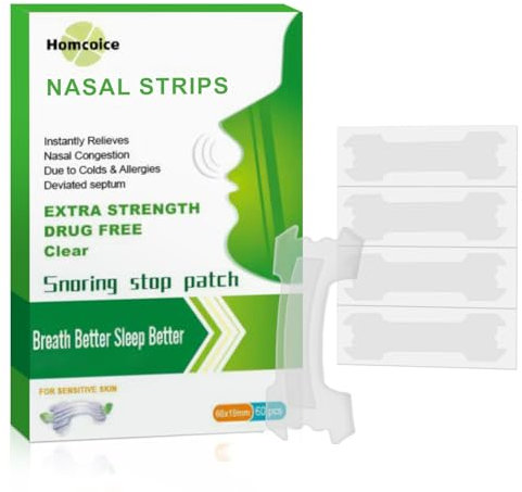 Homcoice Nasenpflaster 60 Stück Extra stark Nasenstrips transparent für empfindliche Haut, Nasal Strips Anti Schnarch & besser schlafen atmen, sofortige Schnarchlösung (einzeln versiegelt)
