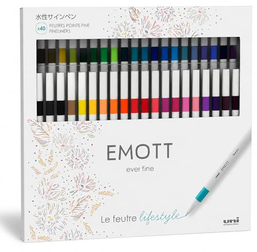UNIBALL EMOTT, Coffret 40 Feutres Fins 0,4mm | Encre pigmentée résistante à l'eau pour des traits précis en lettrage et en dessin