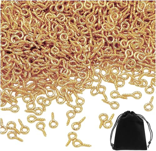 Lot de 400 petits crochets à vis dorés, avec 1 sac de rangement noir, longues vis à œillets en acier inoxydable, mini crochets dorés à serrer (5 x 10 mm).