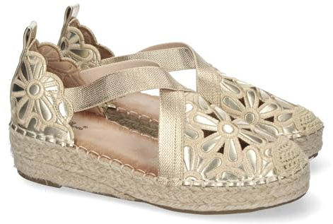shoes&blues.es 82322-Sandalias de Cuna de Yute para Mujer, Diseno Elegante con Punta Cerrada y Detalles Florales, Ideal para Primavera-Verano, Comodas y Versatiles.. Talla 40 Oro
