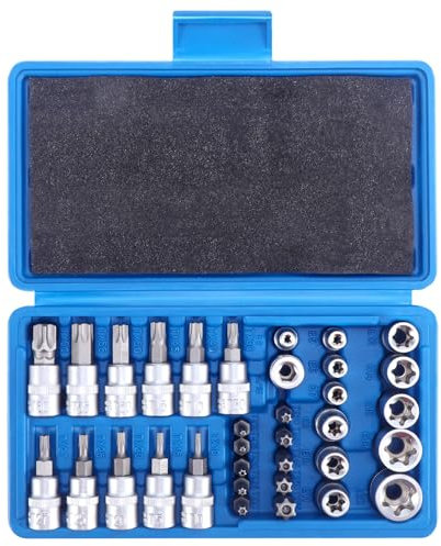 Faankiton 34 Piezas Juego de Llaves de Vasos Torx, Juego de Puntas Torx, Incluye 12 E4-E20 Tuercas, 11 T10-T60 Llaves de Vaso, 10 T10-T55 Puntas y 1PC Adaptador de Vasos