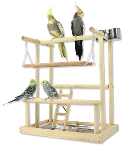 WishesMar Parco Giochi per Pappagalli Palestra per Uccelli Terreno di Gioco per Cocorite con Posatoi Supporto Scala Altalena e Vassoio pour Cacatua, Legno, Taglia 40x26x45.5 CM